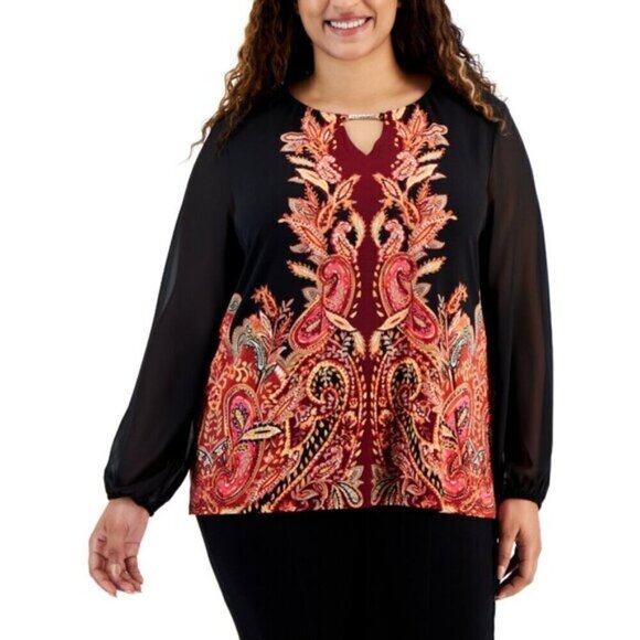 JM Collection Plus Size Printed Chiffon-Sleeve Embellished-Neck Top NWT - Picture 1 of 5